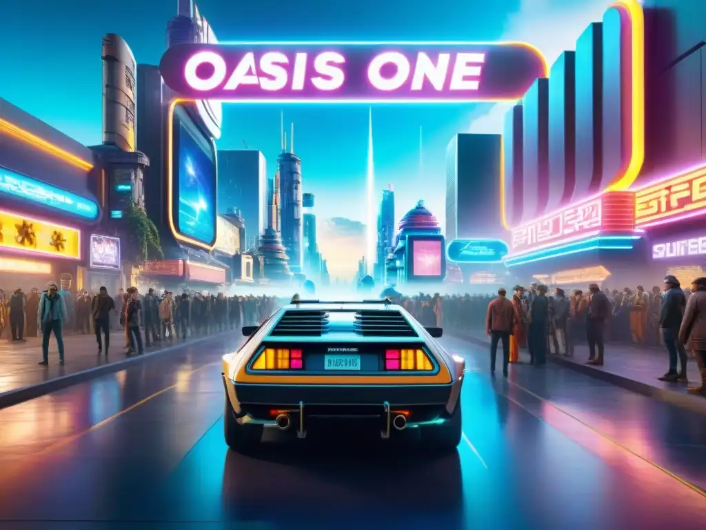 Explora el mundo digital de OASIS con calles animadas y rascacielos, avatares variados y el DeLorean de 'Back to the Future'