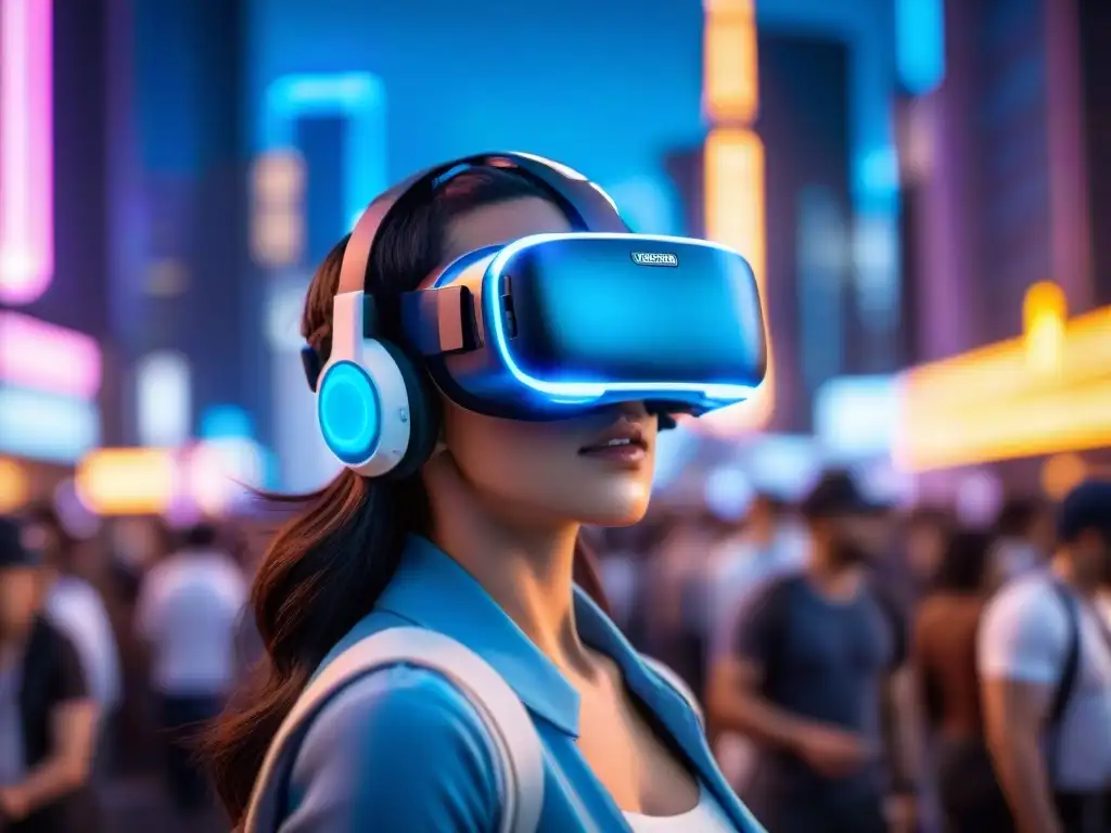 Un mundo digital de Realidad virtual en universos ficticios con un casco futurista y luces azules brillantes