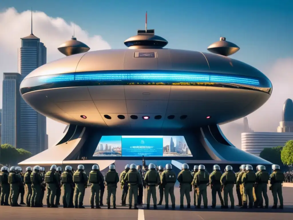 En un mundo distópico de ciencia ficción, una ciudad futurista vigilada por drones y robots, recordando a las distopías de '1984' y 'Brave New World'