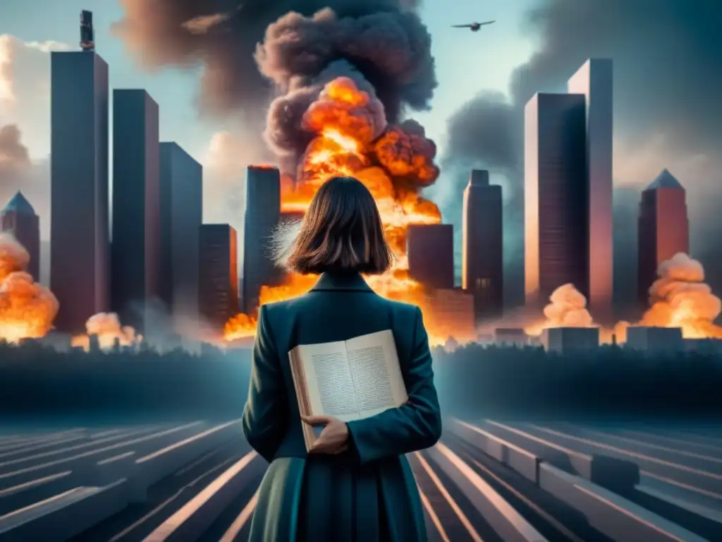 En un mundo distópico, un paisaje urbano futurista envuelto en llamas y propaganda, reflejando el totalitarismo en Fahrenheit 451 culturas