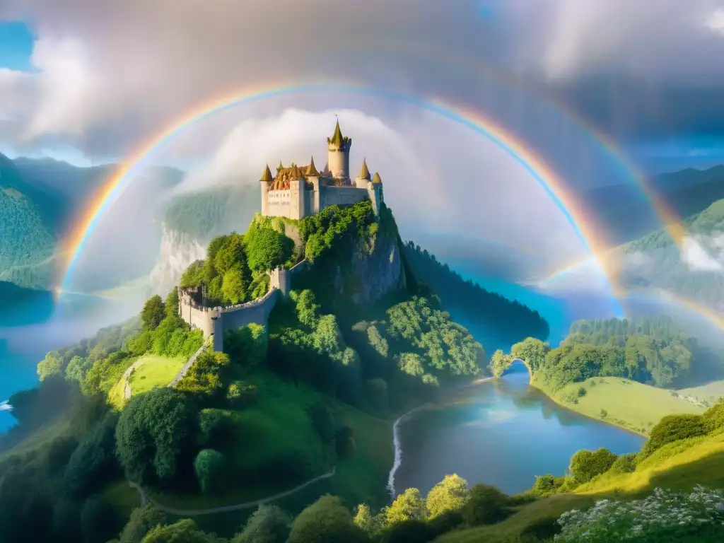 Fantasía épica: castillo en paisaje mágico con arcoíris doble Un mundo de fantasía épico con castillo en acantilado, montañas brumosas, bosque iluminado y arcoíris doble