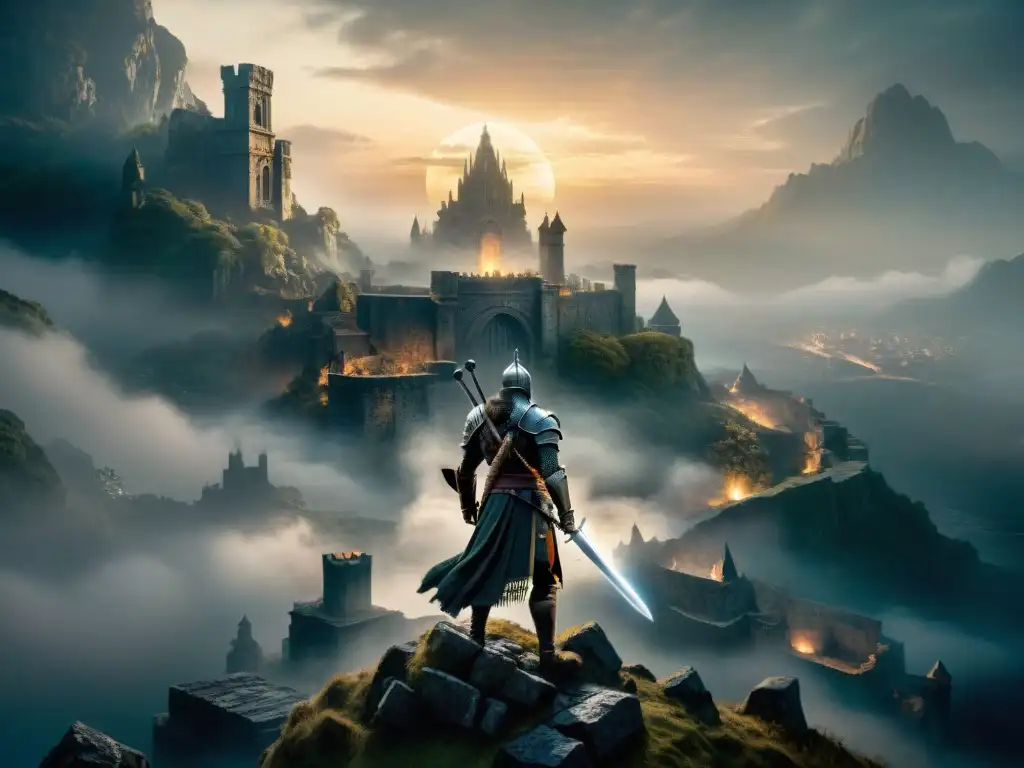Un mundo de fantasía profunda y misteriosa con arquitectura gótica, un guerrero solitario y una luna hermosa