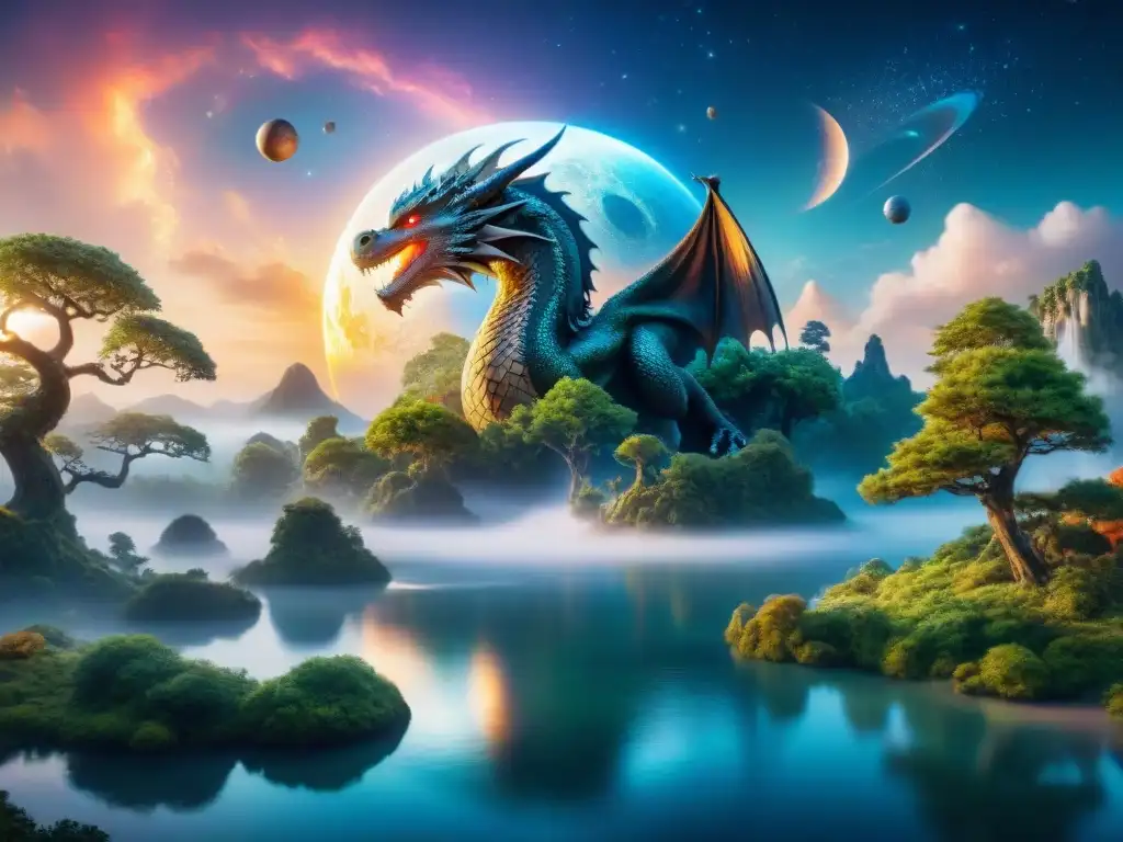 Un mundo fantástico de dragones y criaturas mágicas bajo una galaxia, ideal para Convenciones de fantasía literatura futura