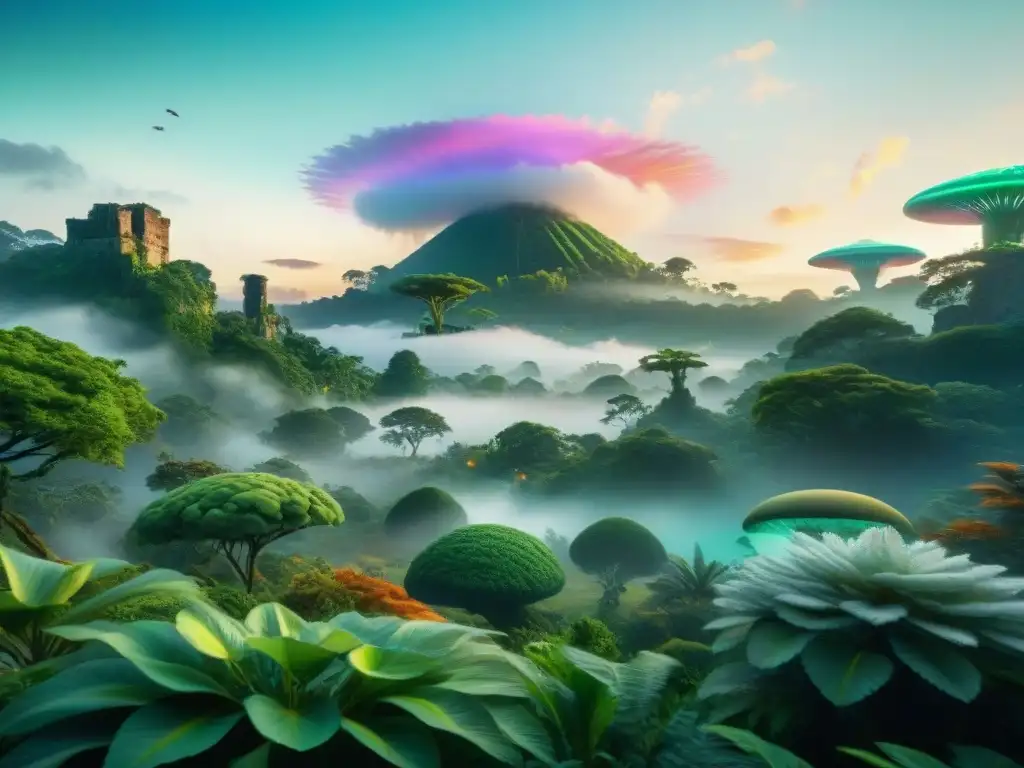 Un mundo fantástico con especies únicas dialogando en idiomas misteriosos, rodeados de símbolos lingüísticos en colores brillantes