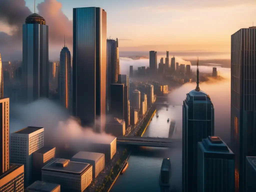 Un mundo ficticio de conflictos políticos en una ciudad futurista con rascacielos y vehículos voladores al atardecer y anochecer