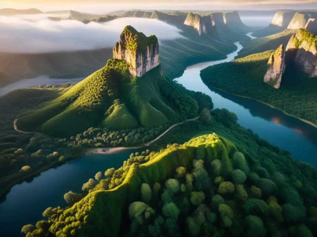 Un mundo ficticio majestuoso se despliega en una vista aérea cinematográfica, con paisajes diversos y misteriosas ruinas a la luz del atardecer