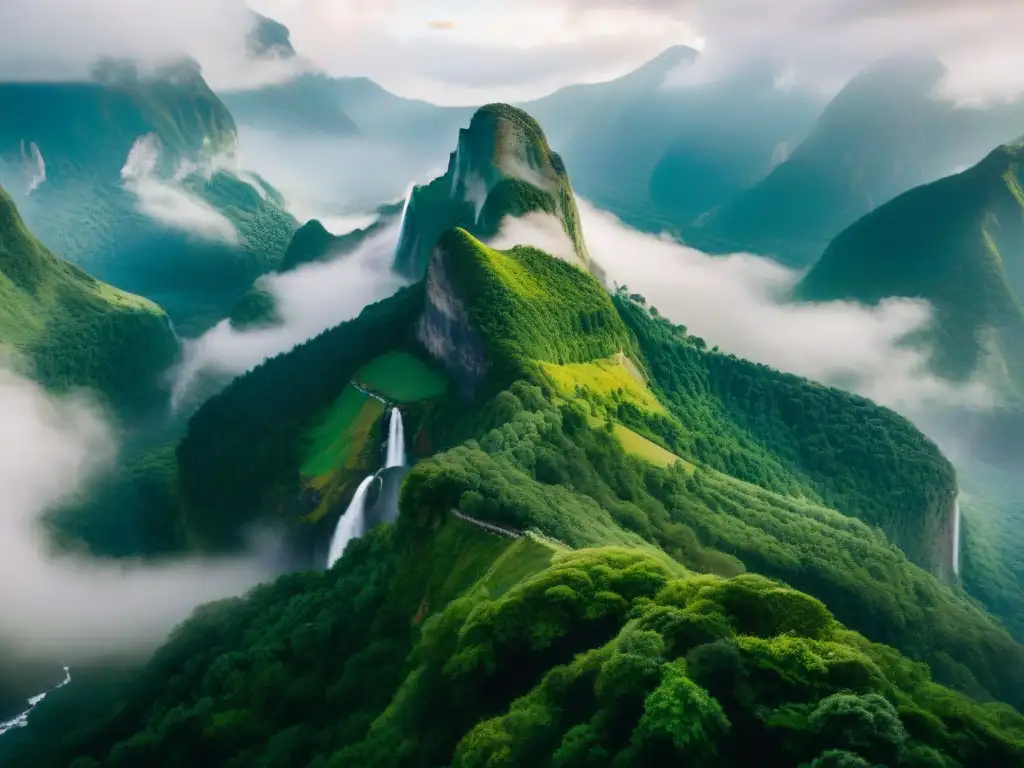 Un mundo ficticio de montañas, cascadas y bosques verdes, iluminado por el sol