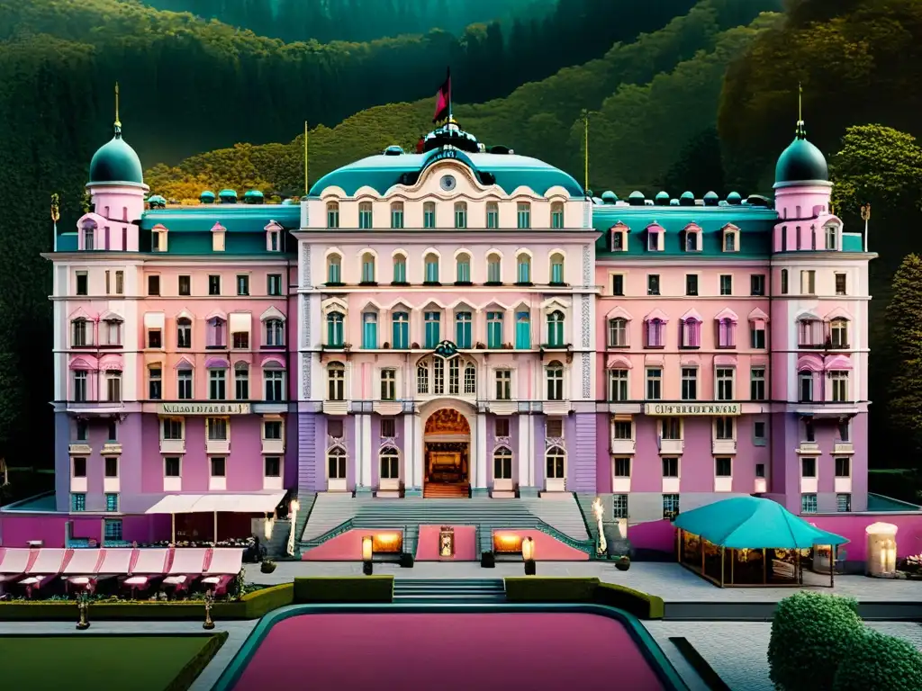 Un mundo ficticio profundo: Detalle aéreo del colorido y caprichoso 'Gran Hotel Budapest' con edificios pastel y jardines exuberantes