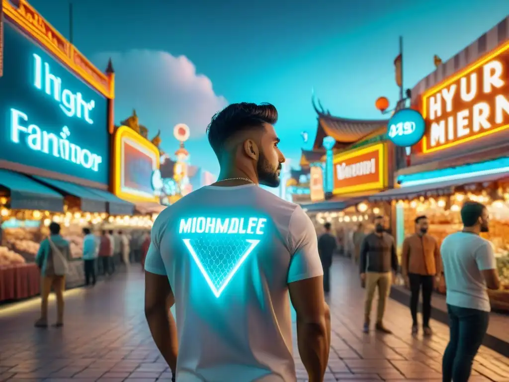 Un mundo ficticio cobra vida en una camiseta personalizada en un bullicioso mercado