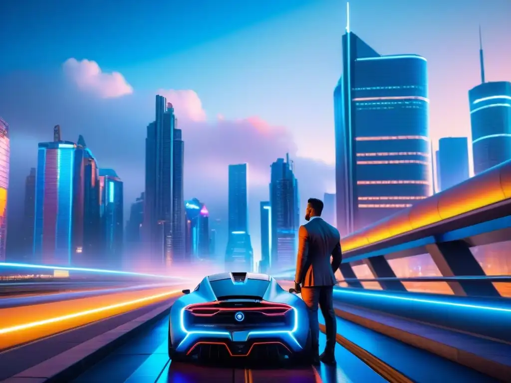 Un mundo futurista iluminado por neones y hologramas, donde un personaje se prepara para una revelación de mundos ficticios