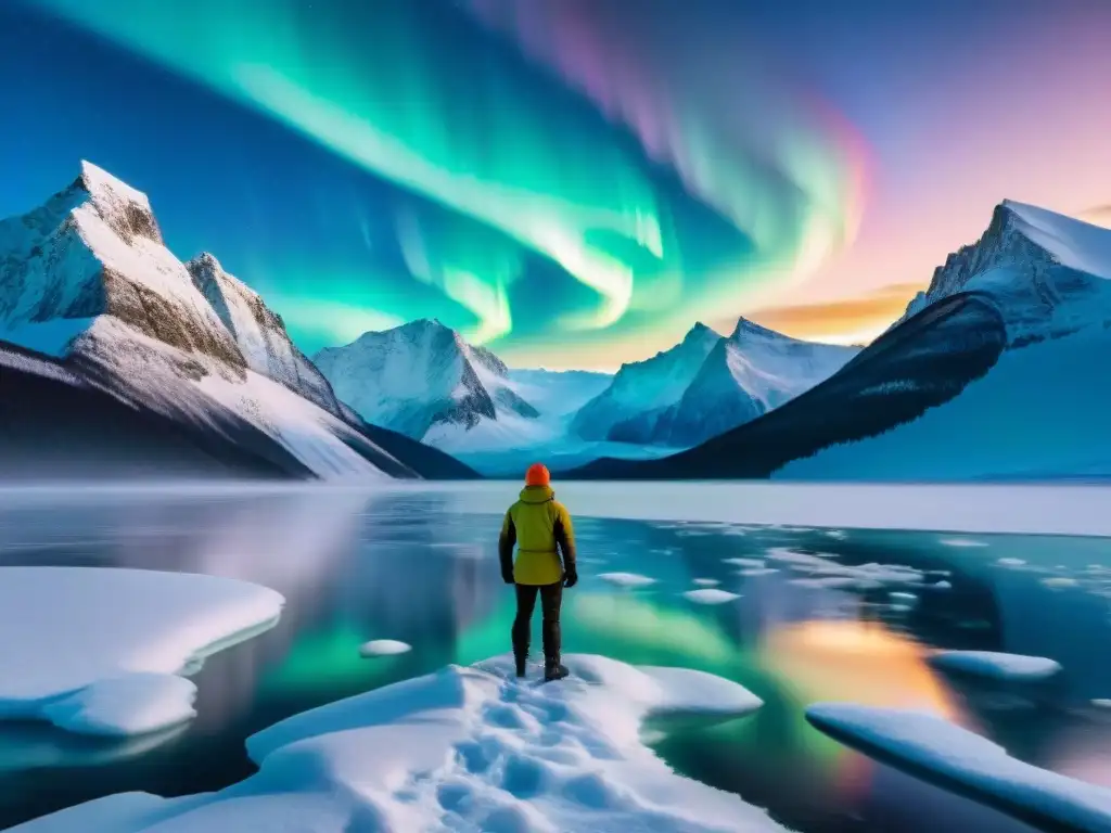 Un mundo helado de belleza alienígena con montañas gélidas, un lago congelado y auroras danzantes