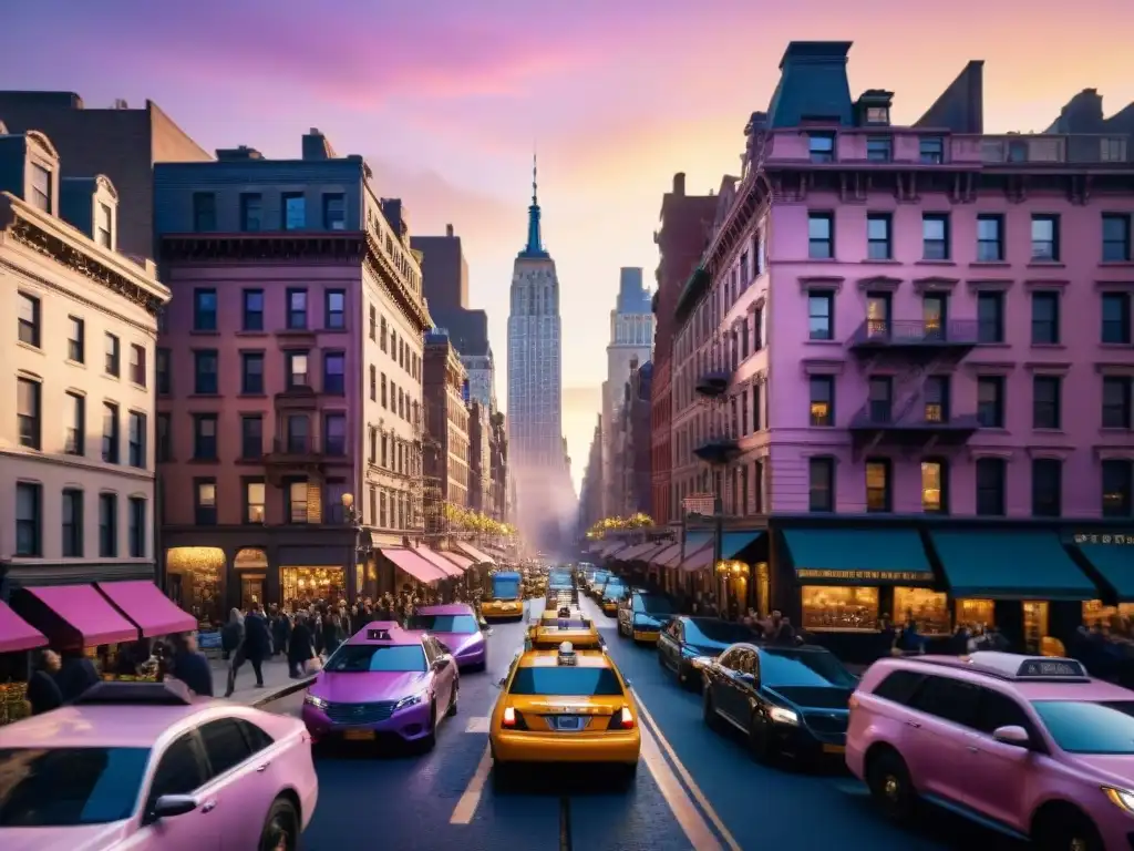 Un mundo mágico en las calles de Nueva York al atardecer, con taxis amarillos y edificios históricos