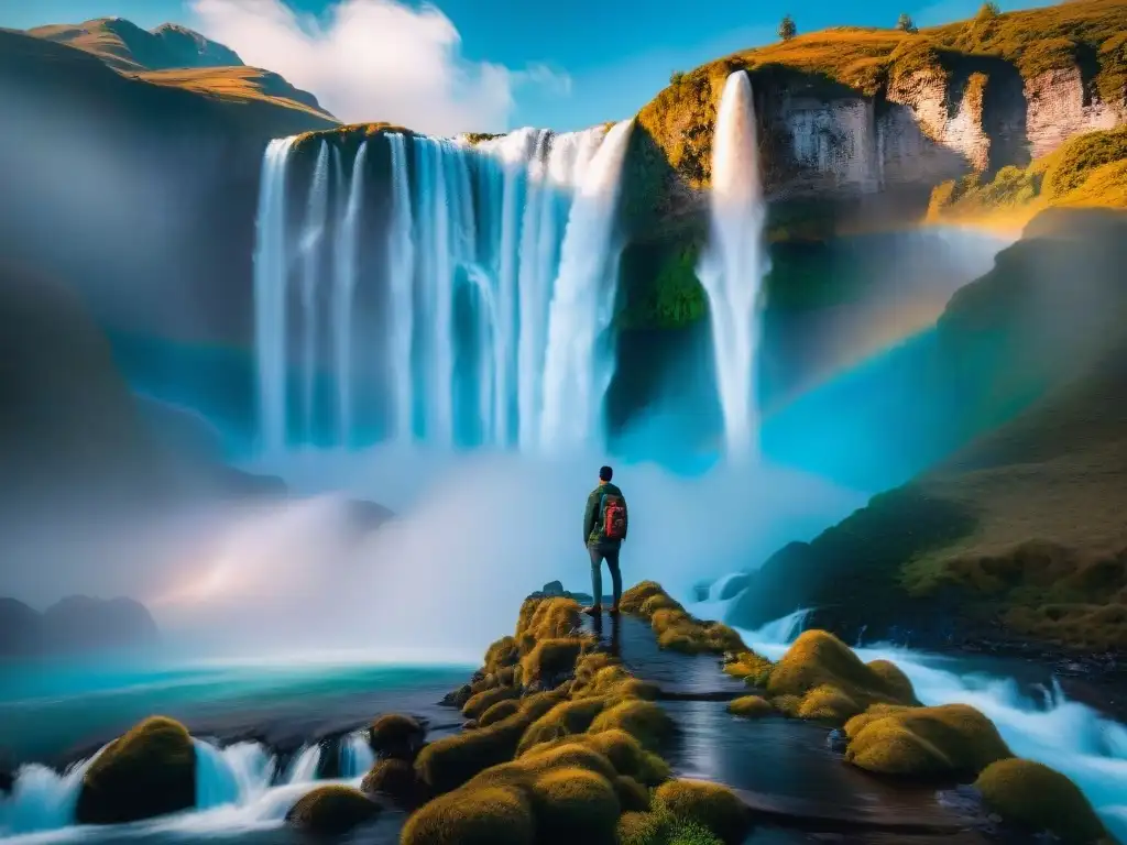 Un mundo mágico y misterioso con cascadas de líquido plateado, formaciones de cristal y nubes iridiscentes danzantes