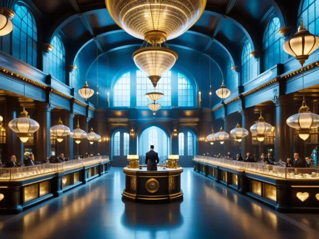 Un mundo mágico de riqueza y poder en Gringotts Bank: galeones dorados, goblins en trajes elegantes y transacciones financieras con varitas