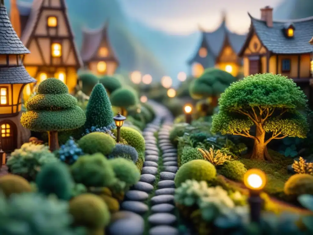 Un mundo de fantasía en miniatura con figuras miniatura mundos ficticios, lleno de detalles y seres mágicos al atardecer