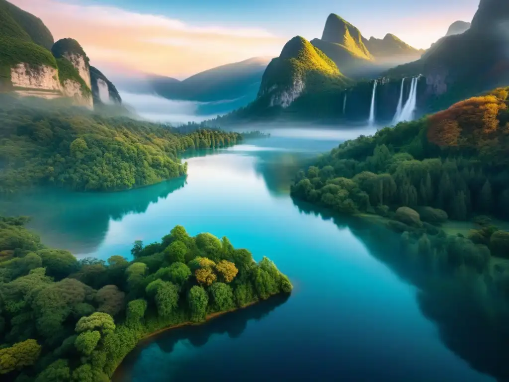 Un mundo mítico con montañas, bosques, cascada y lago, bañado en luz dorada al atardecer