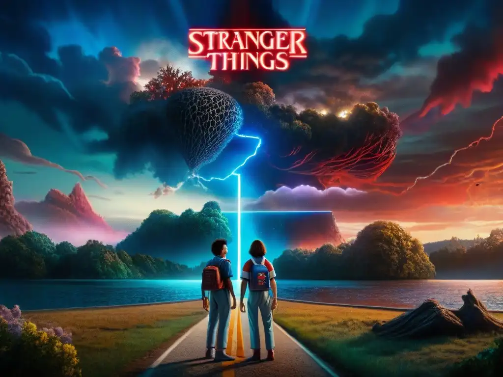 Un mundo paralelo misterioso con energía, portales brillantes y personajes de 'Stranger Things' asombrados