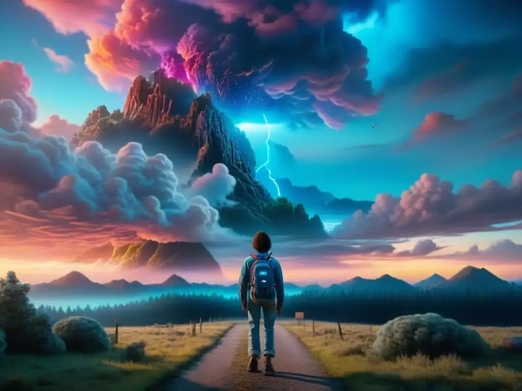 Un mundo paralelo oscuro y misterioso con criaturas extrañas y un portal brillante, como en Stranger Things