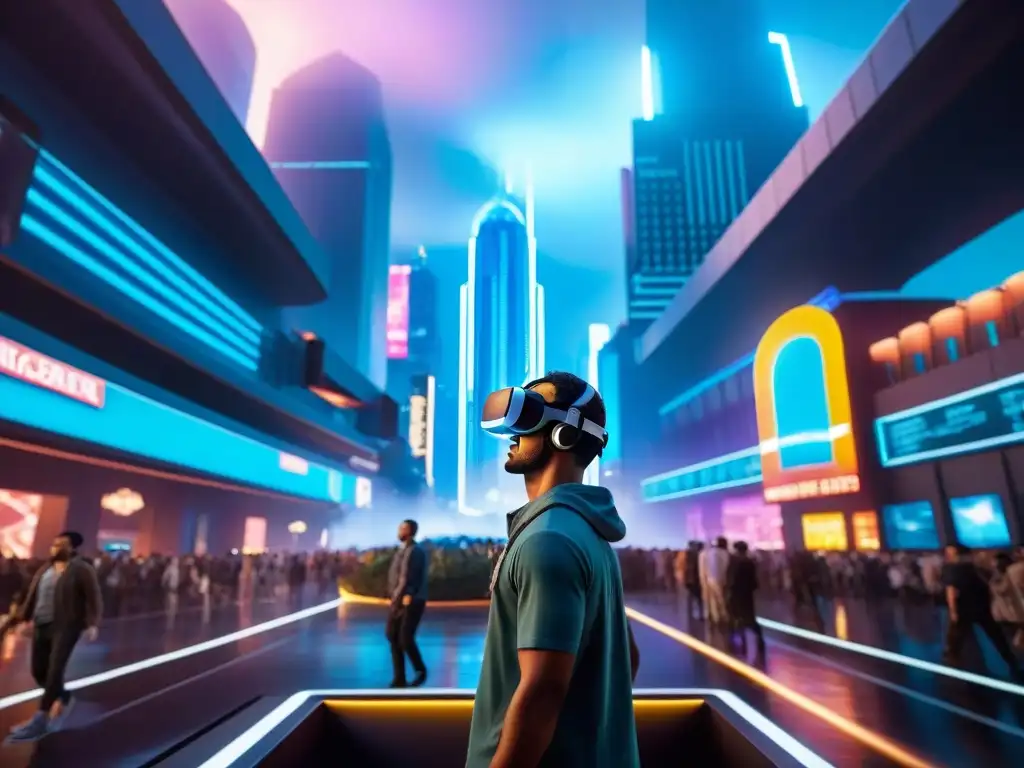 Un mundo de realidad virtual futurista con tecnología avanzada y criaturas fantásticas