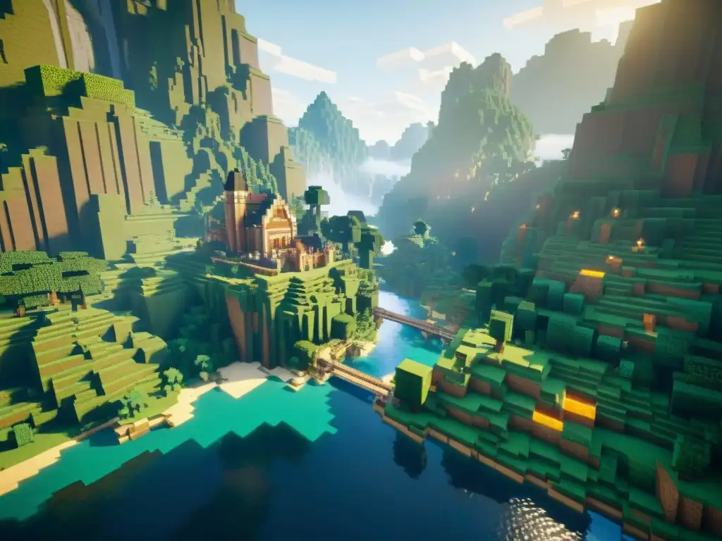 Descubre un mundo Minecraft vasto y detallado, con montañas, bosques y ríos, iluminado por el sol poniente