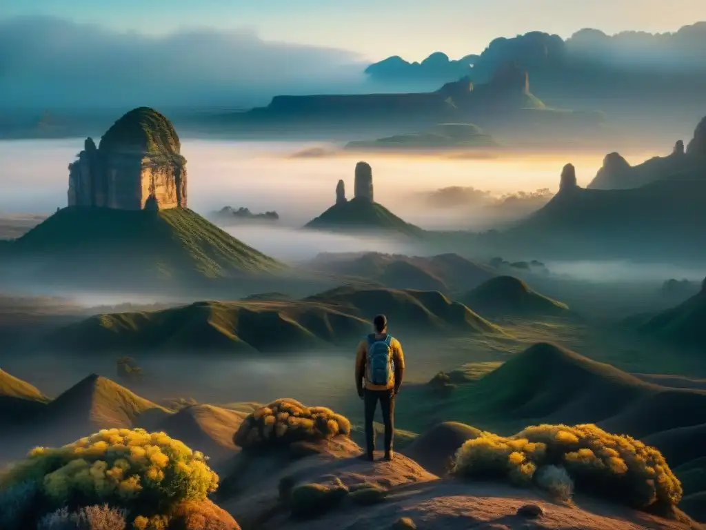 Descubre mundos ficticios en paisaje alienígena con formaciones rocosas y flora resplandeciente
