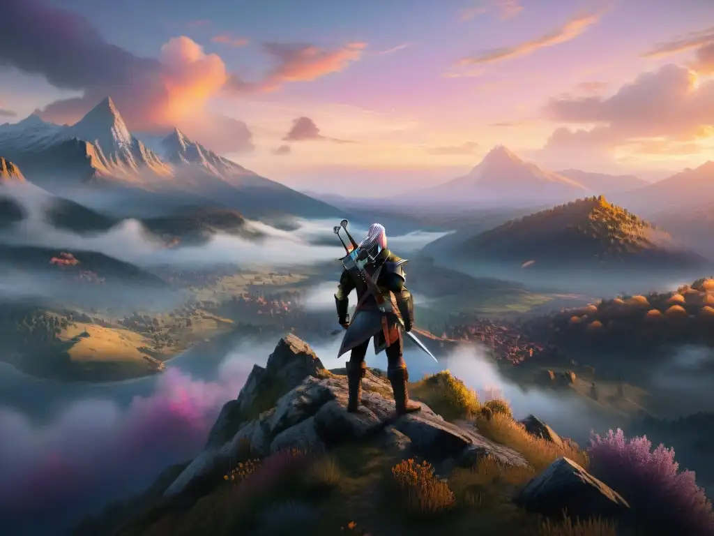 Descubre mundos ficticios profundos mientras Geralt de Rivia contempla el horizonte al atardecer en 'The Witcher 3'