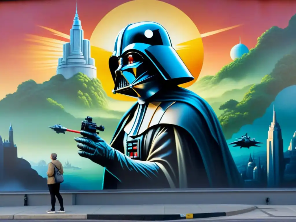 Un mural de Star Wars detallado siendo pintado en una ciudad al atardecer, reflejando la influencia de Star Wars en cultura