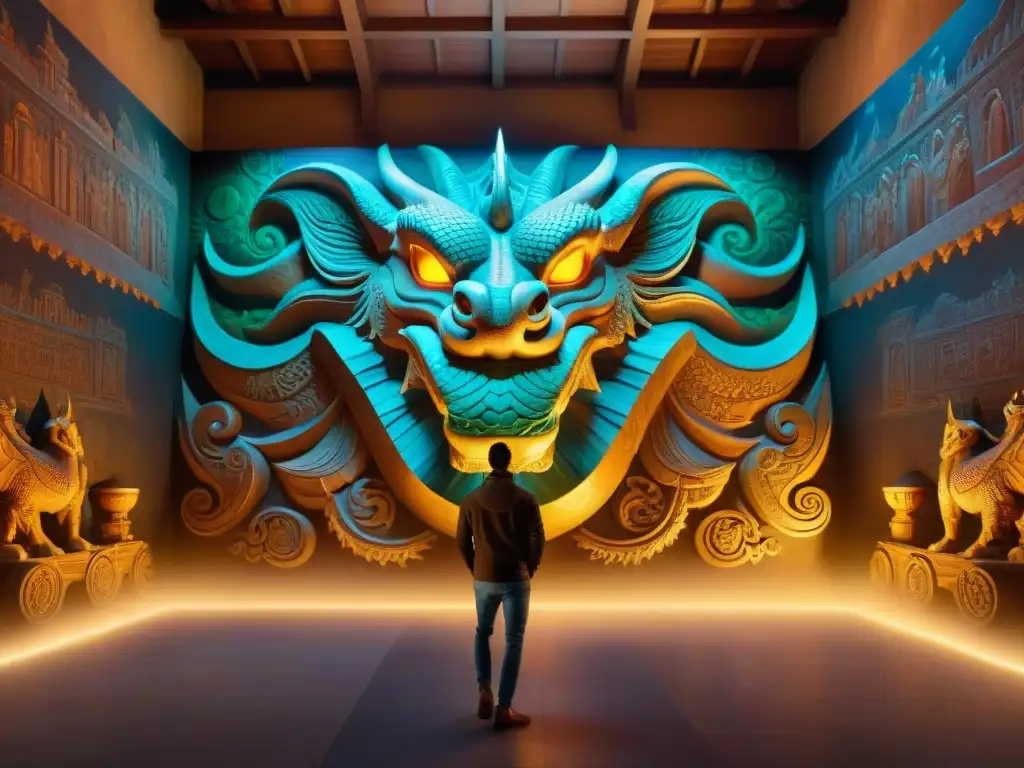 Mural épico inspirado en El Señor de los Anillos, con mitologías de dragones, elfos y magos, iluminado místicamente