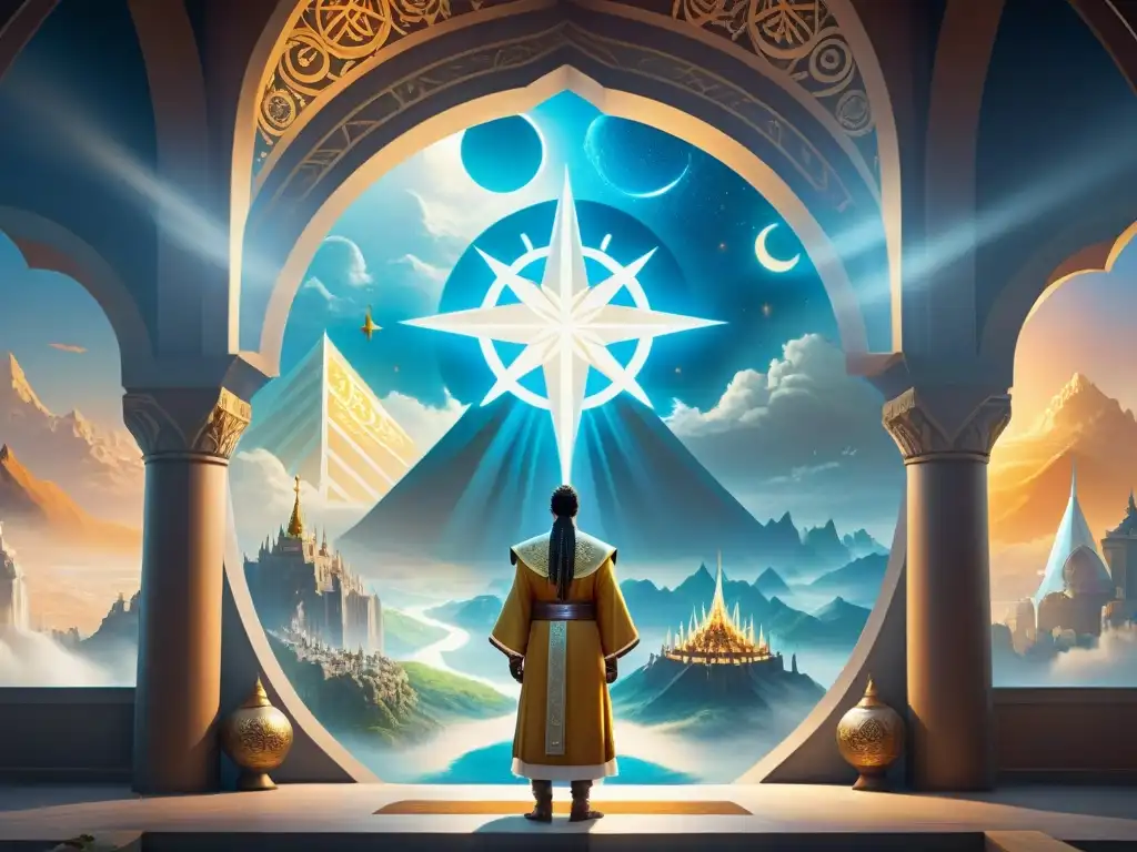 Un mural majestuoso que refleja las diversas prácticas religiosas y espirituales en Azeroth, con símbolos icónicos iluminados en una luz etérea