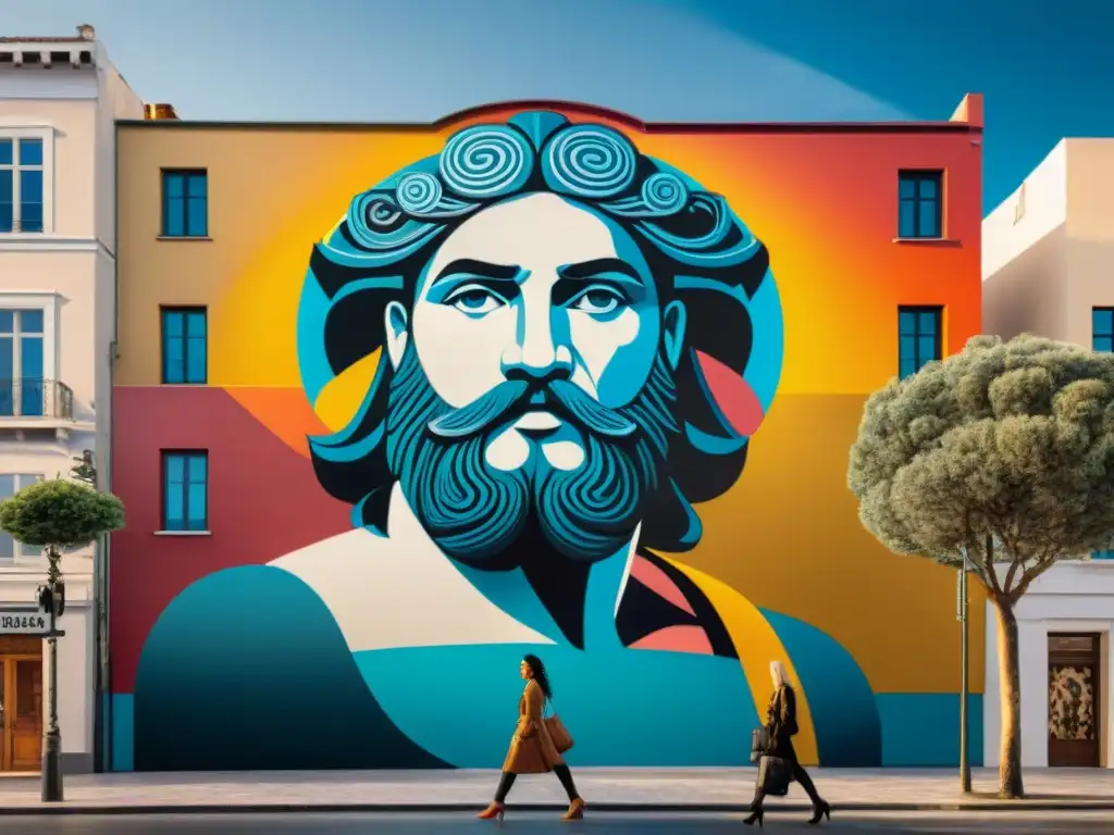 Mural urbano fusiona mitología griega y actualidad con realismo vibrante y colores dinámicos en ciudad bulliciosa