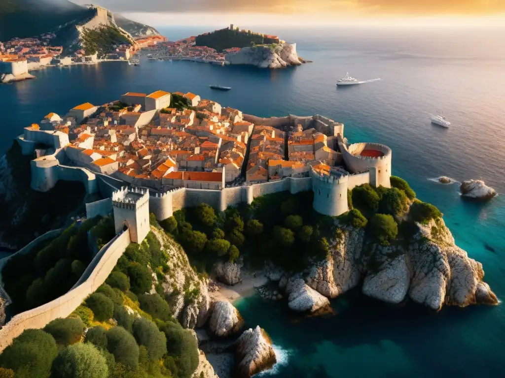 Murallas de Dubrovnik al atardecer, con tonos dorados y el mar Adriático al fondo, evocando mitologías reinos ficticios