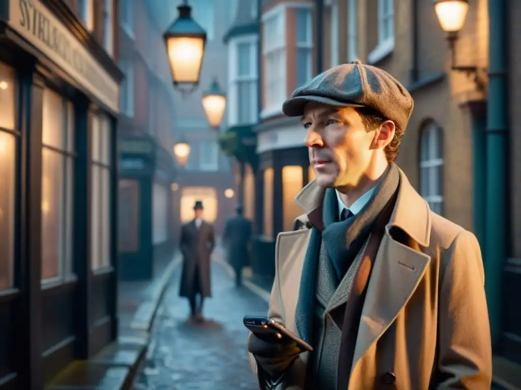 Sherlock Holmes en una evolución narrativa: detective tradicional con toques modernos en un callejón de Londres