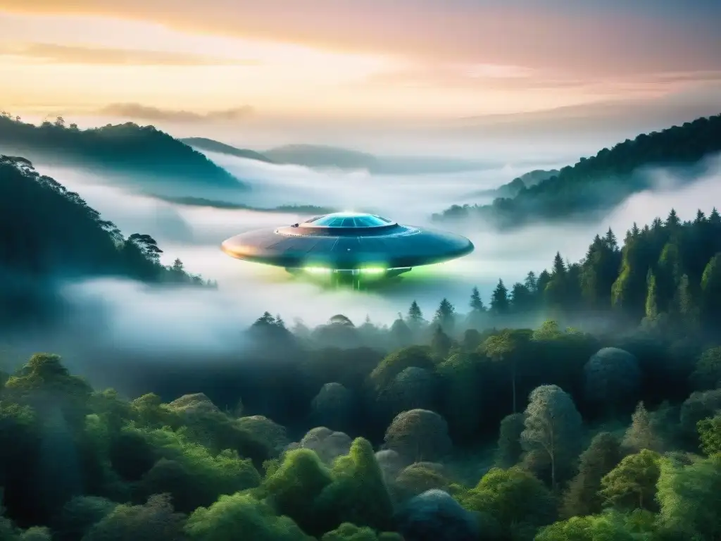 OVNI iluminando misterioso bosque al atardecer Una nave alienígena sobre un bosque brumoso al anochecer, creando un resplandor en los árboles