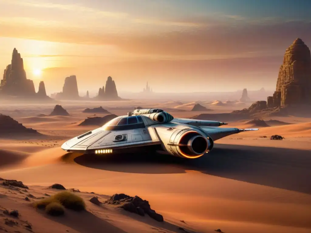 Nave Razor Crest surcando cielo alienígena al atardecer en Tatooine, Universo de Star Wars explorado