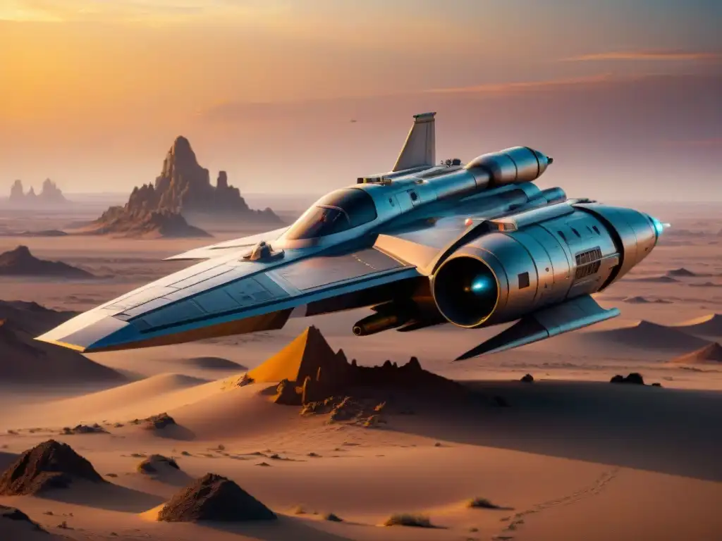 Nave Razor Crest surca cielo al atardecer en Tatooine