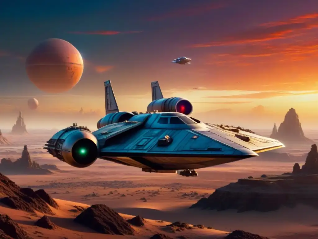 La nave Razor Crest surca un cielo vibrante al atardecer sobre un paisaje alienígena diverso en el Universo de Star Wars explorado