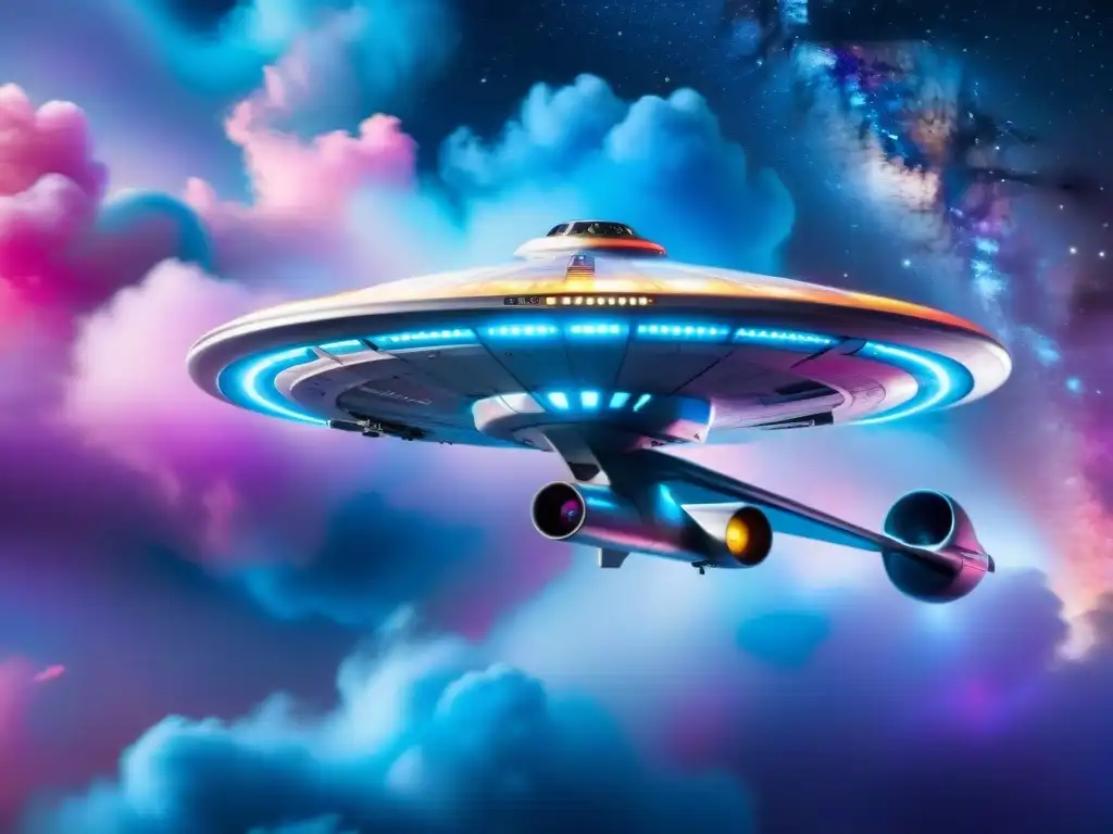 La nave Starship Enterprise naviga con gracia por una nebulosa colorida, evocando exploración y maravilla en el universo