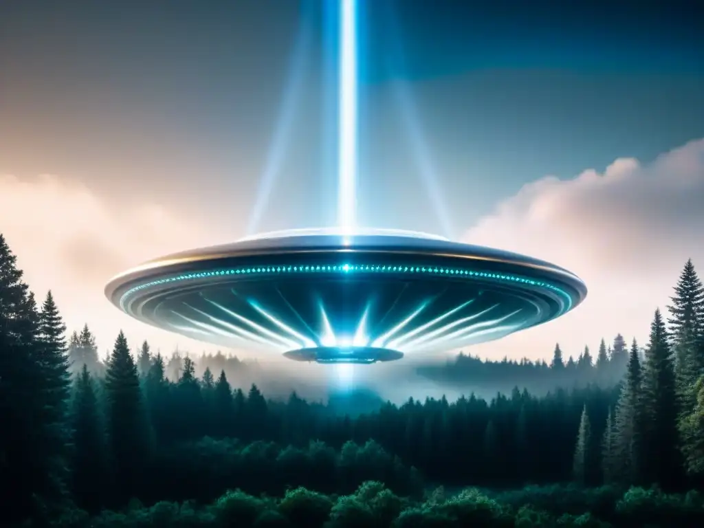 Nave alienígena en bosque nocturno Una nave espacial alienígena misteriosa sobrevuela un bosque en la niebla, creando una atmósfera de otro mundo