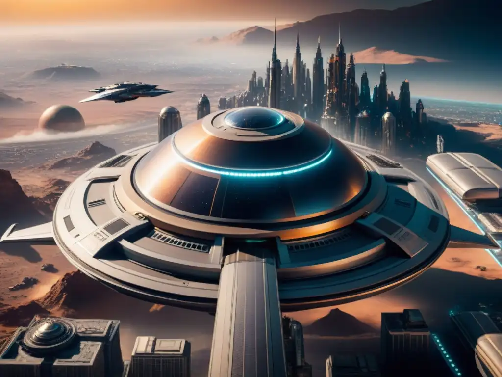 Nave espacial futurista sobre ciudad marciana en 'The Expanse'