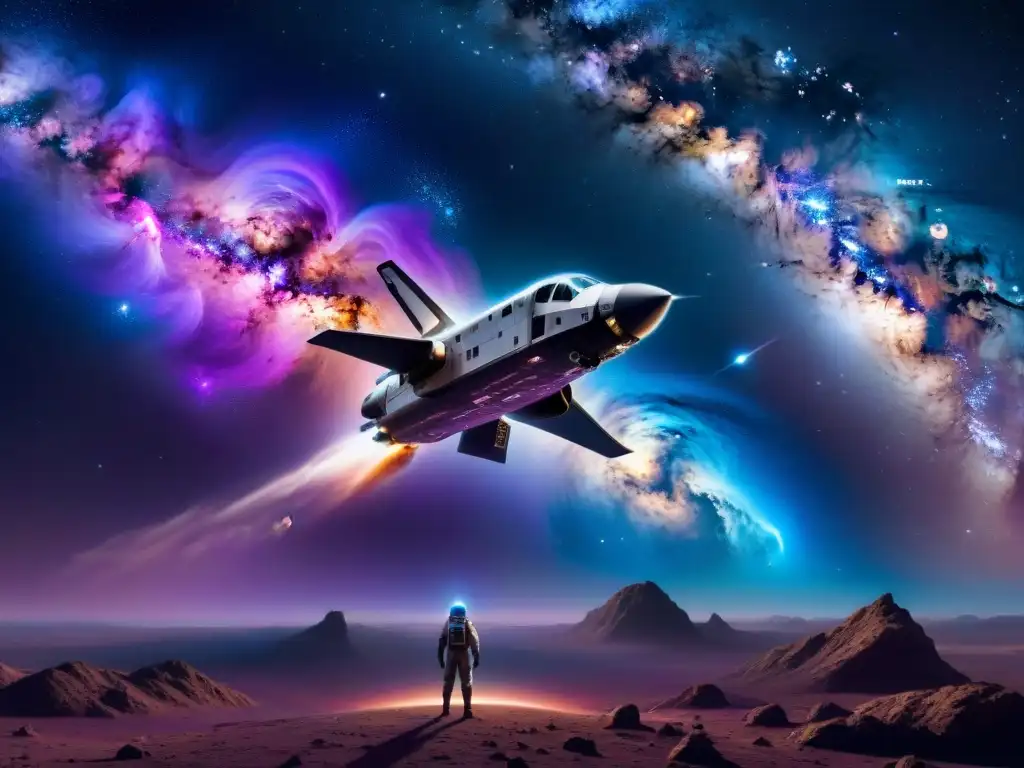 Una nave espacial futurista surca el cosmos entre estrellas y nebulosas, evocando exploración de culturas y mitologías