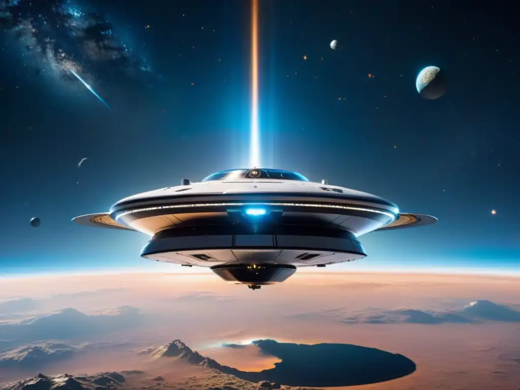 Una nave espacial futurista flotando en el espacio, destacada por estrellas y la Tierra