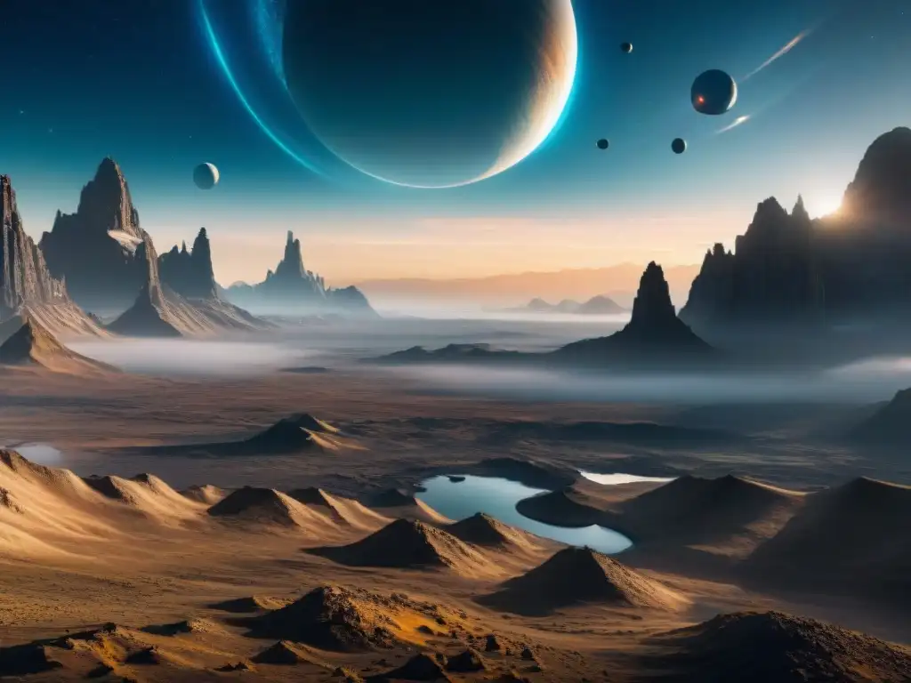 Planeta alienígena: exploración en el cosmos Una nave espacial futurista se prepara para explorar un planeta alienígena, con múltiples lunas y antiguas estructuras alienígenas