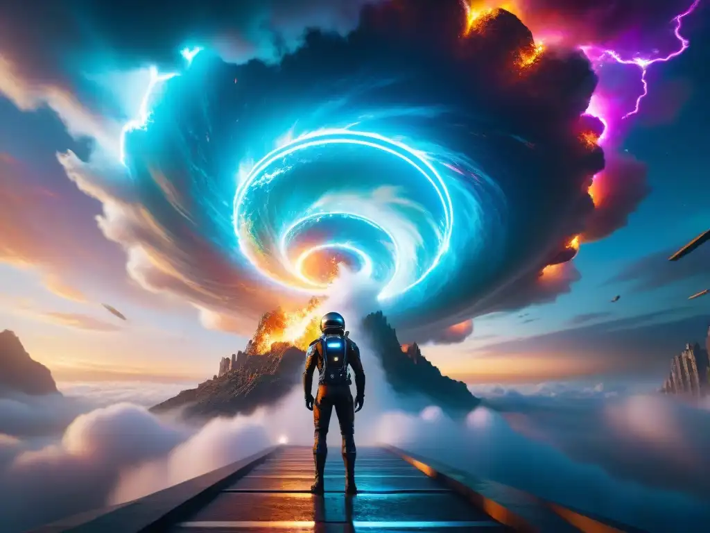 Nave espacial futurista en un portal de energía colorida con peligros en viajes interdimensionales