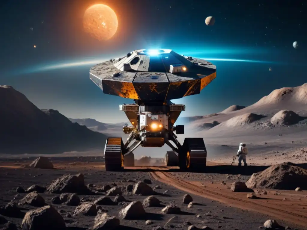Una nave espacial del futuro extrae recursos de un asteroide, en un escenario estelar