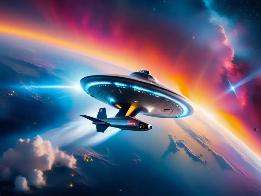 Nave USS Enterprise surcando el espacio con una nebulosa colorida de fondo, reflejando avances tecnológicos en Star Trek