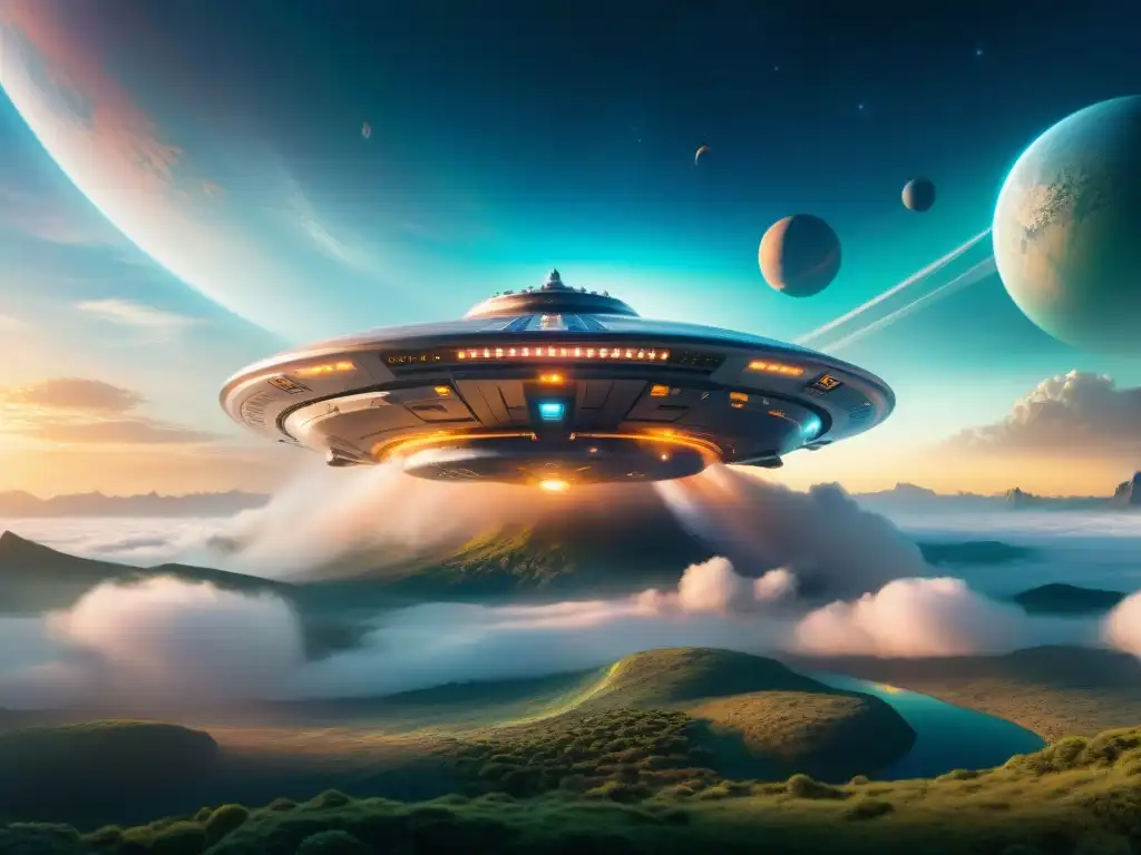 Colosal nave espacial sobre planeta alienígena Una nave estelar colosal flota sobre un planeta alienígena vibrante, creado con detalles asombrosos