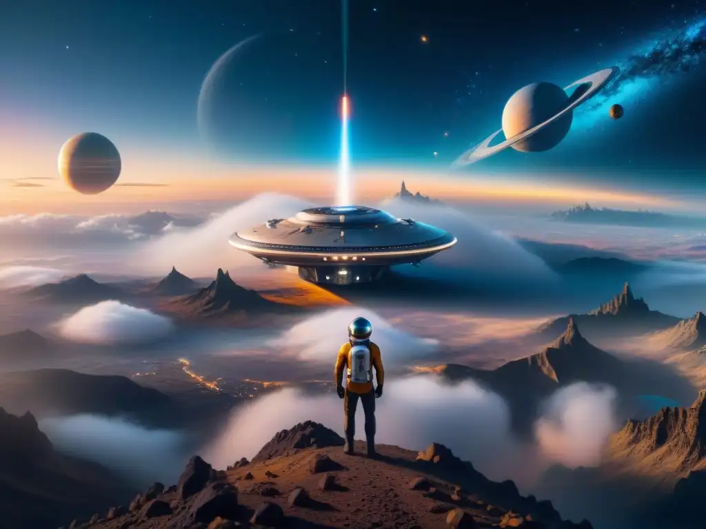 Nave estelar futurista sobre ciudad alienígena vibrante Una nave estelar futurista brilla sobre una ciudad alienígena vibrante en un planeta lejano