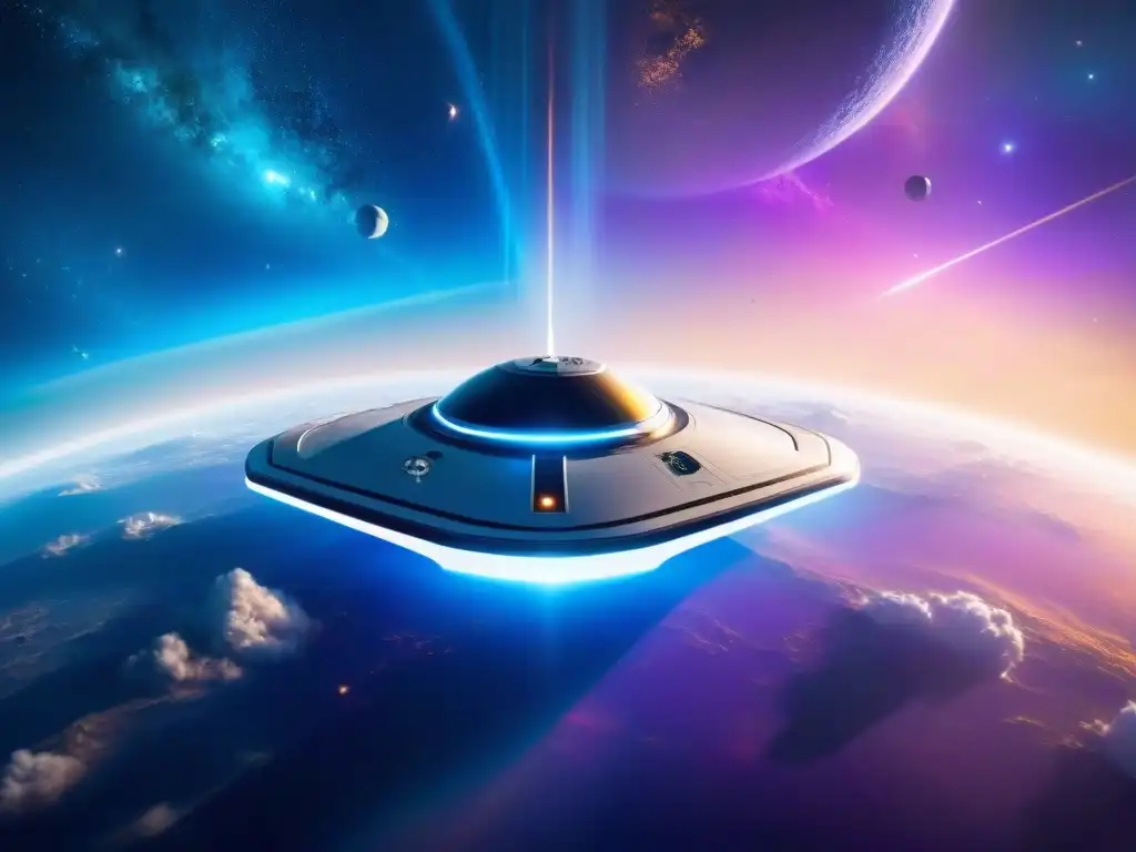 Nave estelar futurista explorando el cosmos Una nave estelar futurista surca el espacio, iluminada por estrellas lejanas