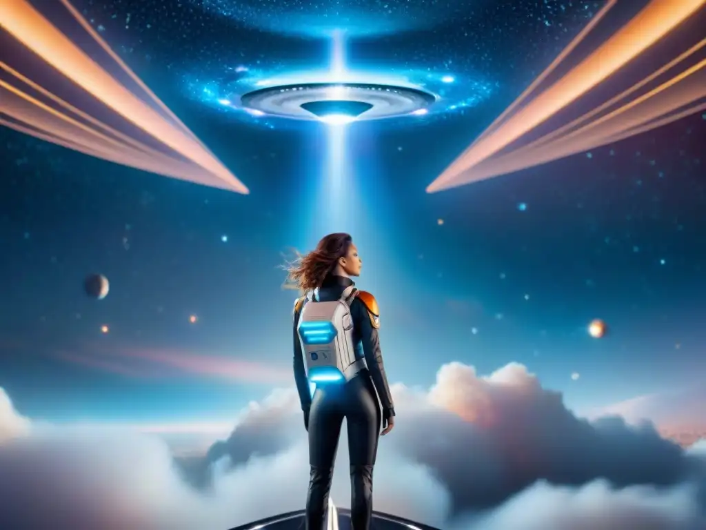 Galaxia vibrante: nave espacial futurista surca el cosmos Una nave estelar sobrevuela una galaxia vibrante, llena de nebulosas y estrellas brillantes