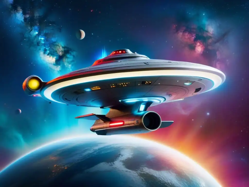 Nave futurista como la USS Enterprise surca la galaxia, reflejando la exploración de universos ficticios en 'Star Trek'